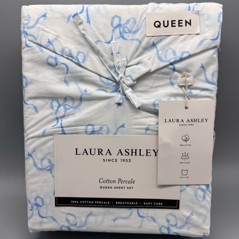 4pc Laura Ashley QUEEN Sheet Set Blue TRAILING BOWS Ribbon Coquette Cottage NEW